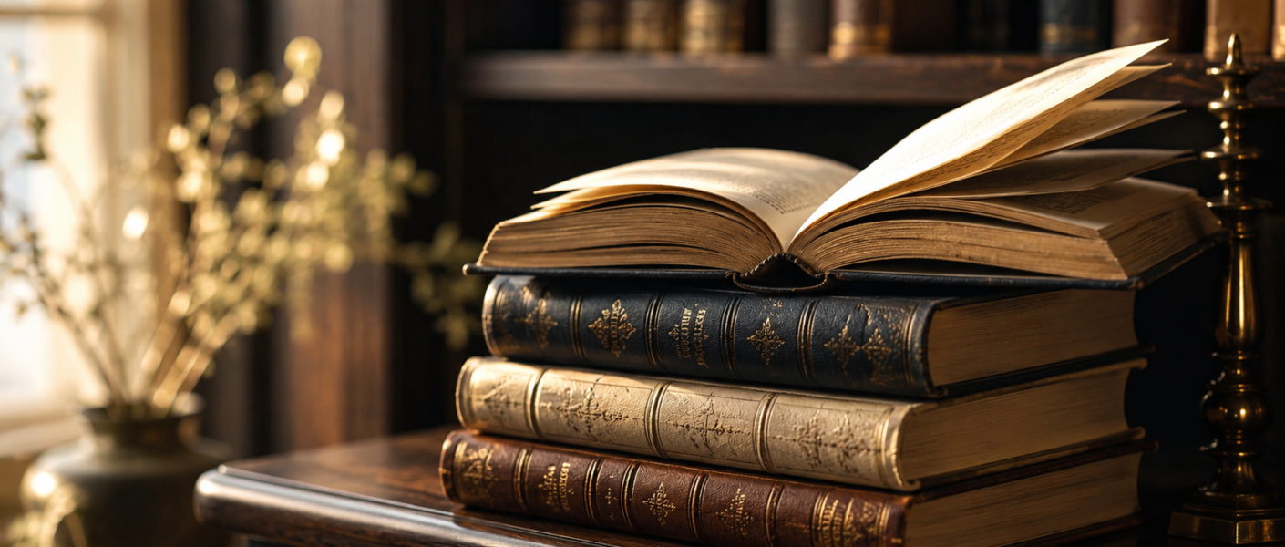 Otwarta książka leżąca na stosie eleganckich tomów w ciepłym świetle przy biblioteczce